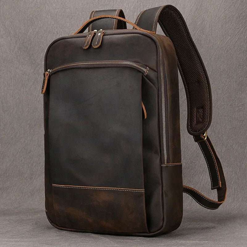 Vintage Herren Rucksack aus Crazy Horse Leder – Mochila retro para ordenador portátil más grande aus echtem Leder para viajes y negocios 