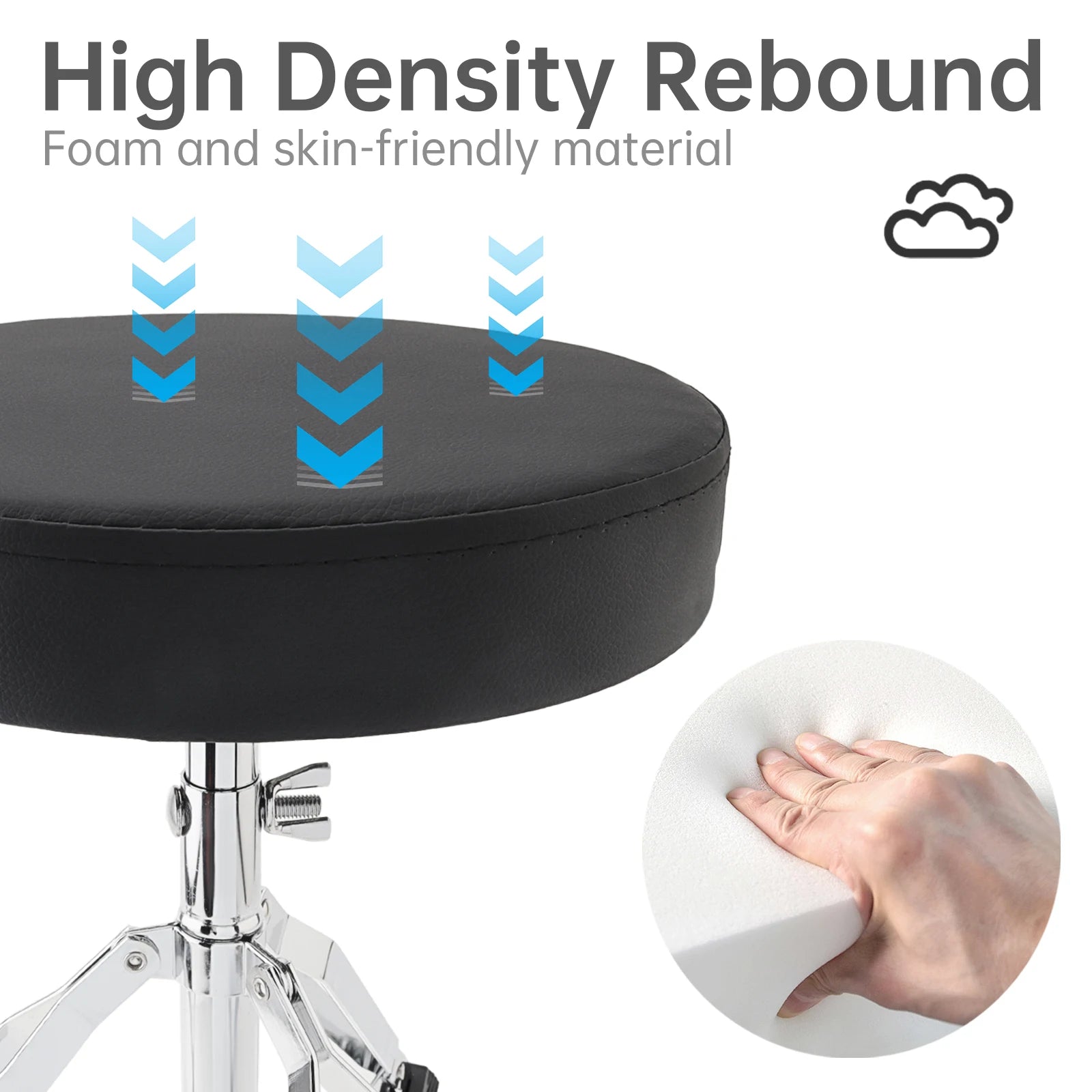 Höhenverstellbarer Drum Hocker aus PU-Leder – Gepolsterter Schlagzeugstuhl mit Edelstahl-Dreibein für Anfänger & Erwachsene