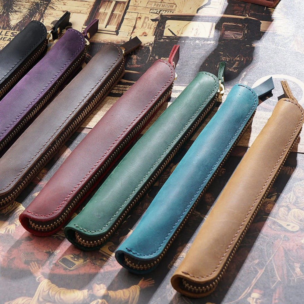 Vintage Leder Stifteetui aus Rindsleder mit Reißverschluss – Schlanke Pen Pouch für Schule, Büro & Notizbuch