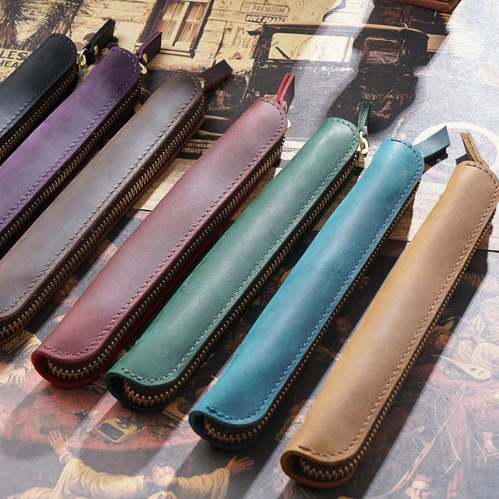 Vintage Leder Stifteetui aus Rindsleder mit Reißverschluss – Schlanke Pen Pouch für Schule, Büro & Notizbuch