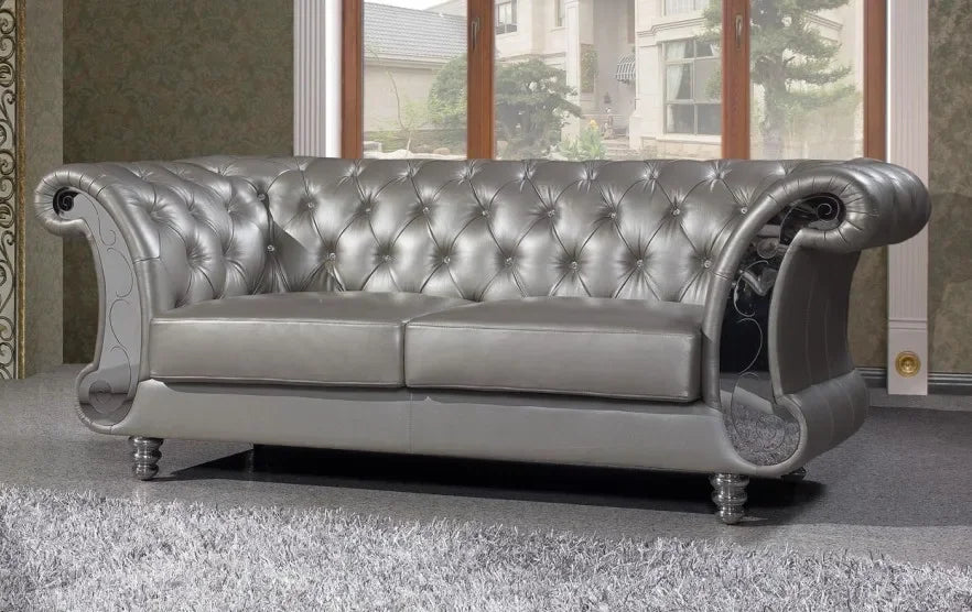 Chesterfield Sofa aus echtem Leder – U-förmiges Luxus Ledersofa mit Schlaffunktion & Kristallknöpfen in Grau