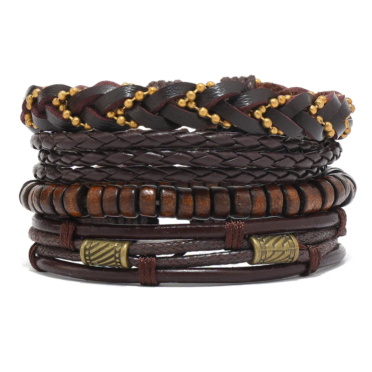Vintage Lederarmband für Herren – Mehrfach geflochtenes Armband mit braunen Holzperlen, verstellbares Zugband im klassischen Stil