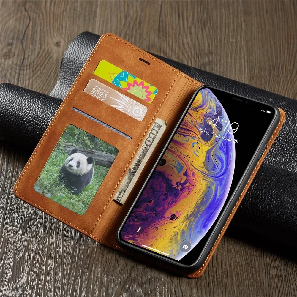 Dünne Wildleder Leder Wallet Hülle für iPhone – Slim Flip Case mit starkem Magnet & Kartenfächern für iPhone 5S bis iPhone 17 Pro Max