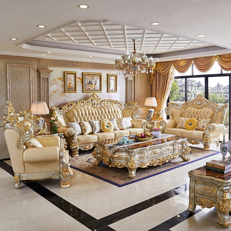 Elegantes Echtleder Sofa mit Massivholzrahmen – Luxuriöses Lounge Sofa im europäischen Stil für Wohnzimmer & Apartment