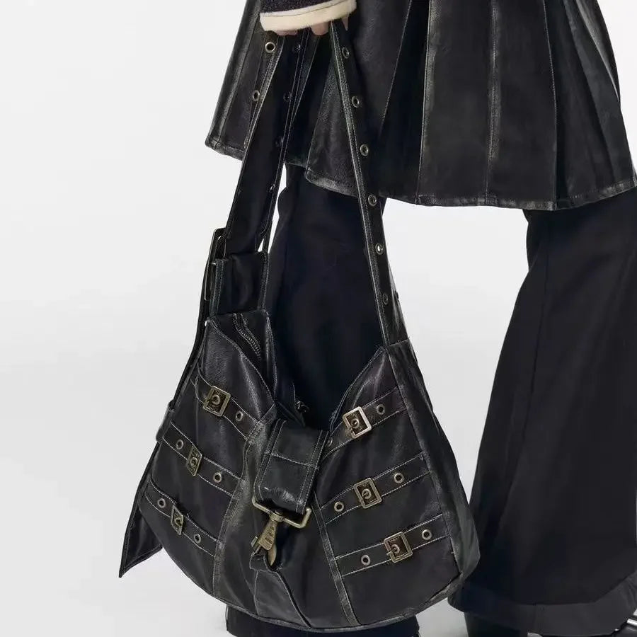 American Retro Punk PU-Leder Handtasche – Große Schultertasche & Tote Bag für Damen, Metall-Button Commuter Bag