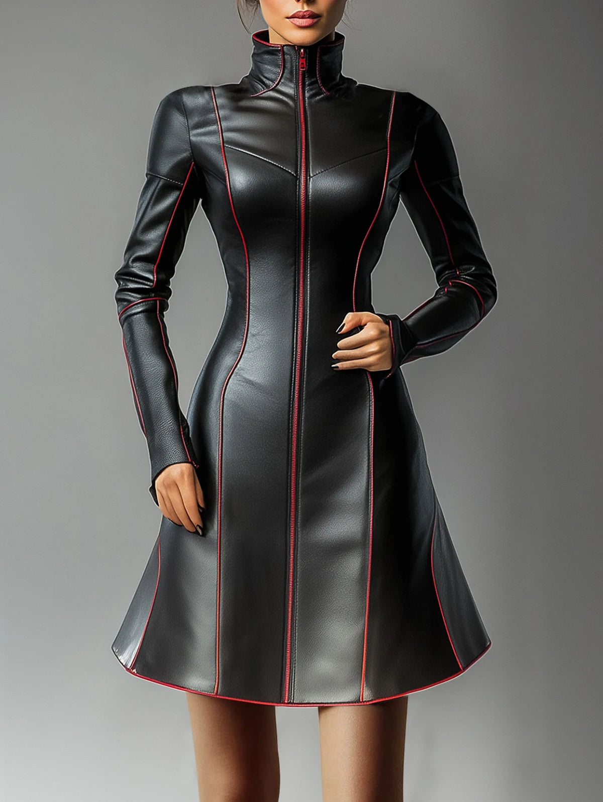 PU-Leder Mini Kleid für Damen – Elegantes A-Linien Kleid mit hohem Kragen, Reißverschluss & Kontrastdetails, langärmeliges Streetwear-Kleid