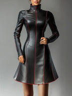 PU-Leder Mini Kleid für Damen – Elegantes A-Linien Kleid mit hohem Kragen, Reißverschluss & Kontrastdetails, langärmeliges Streetwear-Kleid