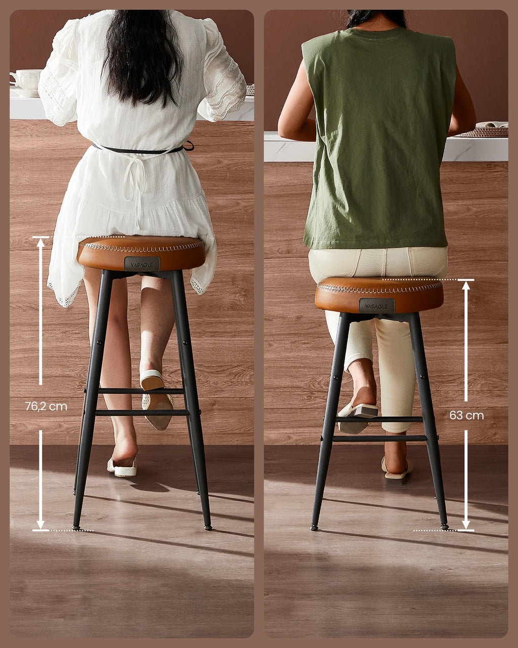 VASAGLE Barhocker (2er Set) aus Kunstleder – Gepolsterte Barstühle mit 2 Fußstützen-Höhen, 120 kg Belastbarkeit, stilvolle Küchen- &amp; Barstühle 