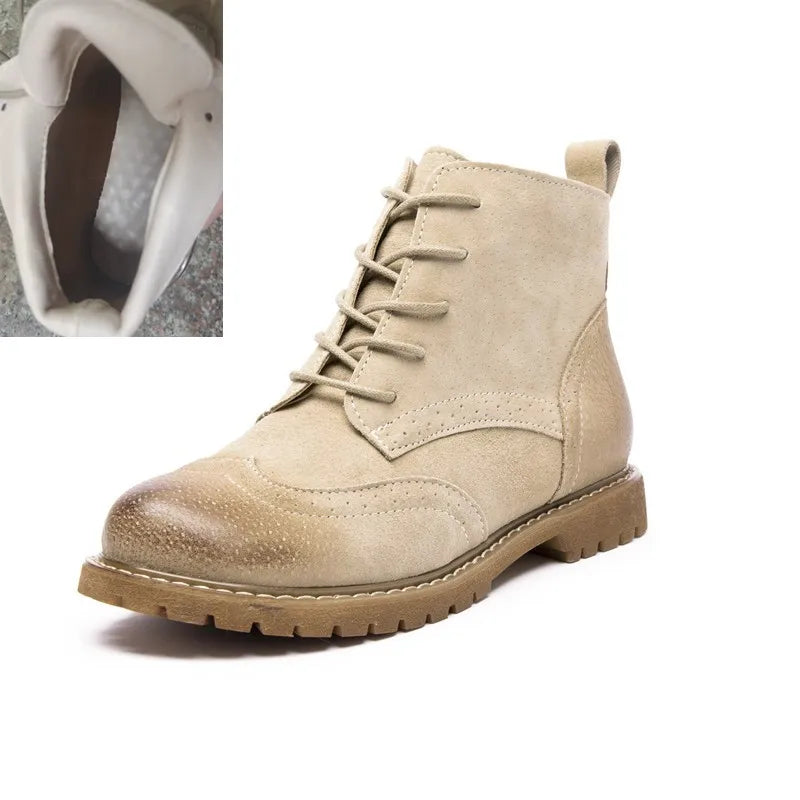 Damen Stiefeletten aus echtem Leder & Wildleder – Britische Retro Ankle Boots mit Schnürung, Fellfutter & niedrigem Blockabsatz (Herbst/Winter 2025)