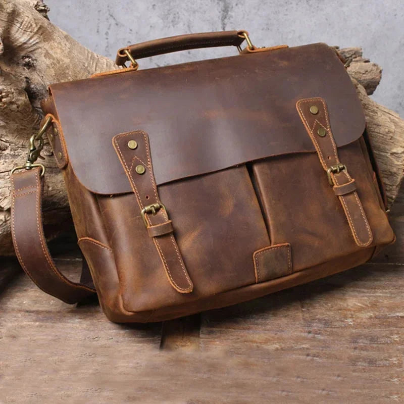 Newsbirds Herren Aktentasche aus echtem Rindsleder – Vintage Leder Laptoptasche & Dokumententasche für A4 & 14 Zoll Laptop