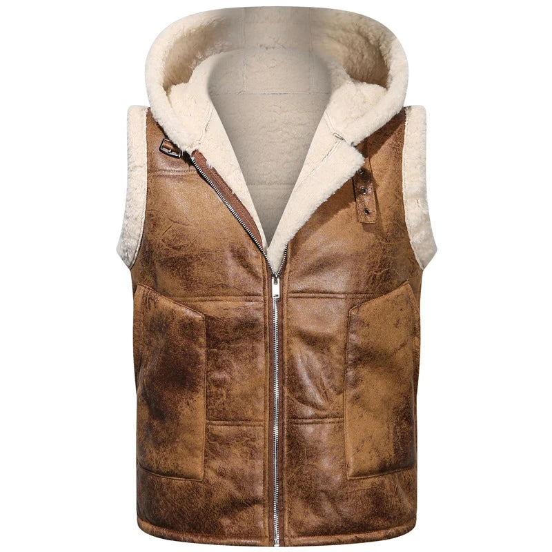 Winter Men's Fleece Warm PU Leather Vests Classical Men Faux Fur Motorcycle Leather Vests Men Windbreaker Hooded Vests Clothing