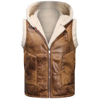 Winter Men's Fleece Warm PU Leather Vests Classical Men Faux Fur Motorcycle Leather Vests Men Windbreaker Hooded Vests Clothing