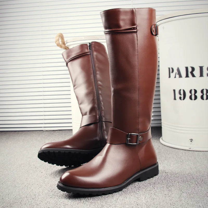 OLOMM Herren British Style Kniehohe Boots – Handgefertigte Motorrad- & Cosplay-Stiefel aus Leder, Zip-Design, Komfortable Stage & Freizeit Schuhe