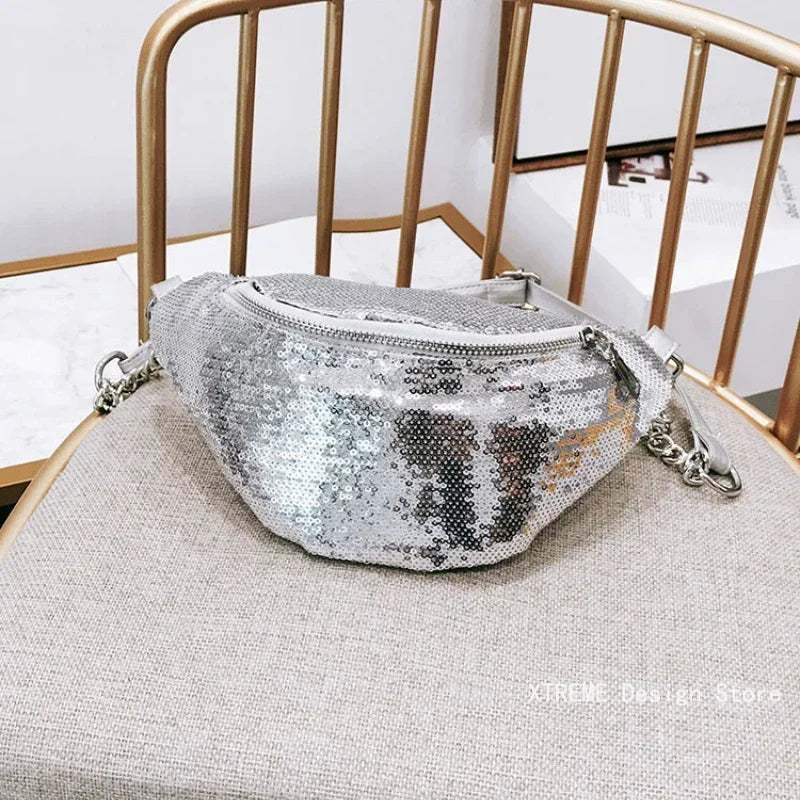 MOONBIFFY Damen Glitzer Fanny Pack – Glänzende Bauchtasche & Schultertasche aus PU-Leder, Trendige Reisetasche