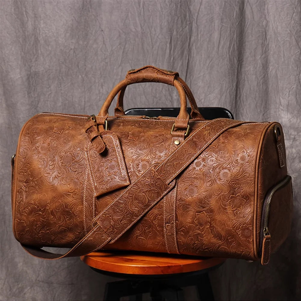 LUOKIR Vintage Leder Tote Reisetasche – Große Travel Duffle Bag aus geprägtem echtem Rindsleder, Premium Wochenend- &amp; Sporttasche