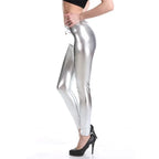 Leggings de piel sintética metálicos para mujer – Leggings de piel sintética brillantes en lila y dorado, elastisch, figurbetont &amp; punkig 