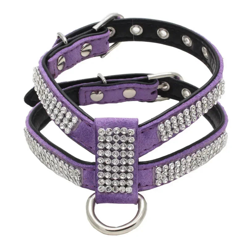 Verstellbares Hunde-Geschirr mit Strass – K-förmiges Bling Harness aus PU-Leder mit Schnellverschluss für kleine Hunde & Katzen
