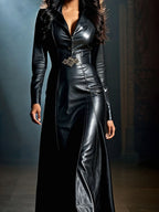 Elegantes PU-Leder Maxi Kleid für Damen – Schwarzes Langarmkleid mit Reverskragen, Knopfdetails &amp; Slim Fit, stilvolles Frühlings- &amp; Sommerkleid 