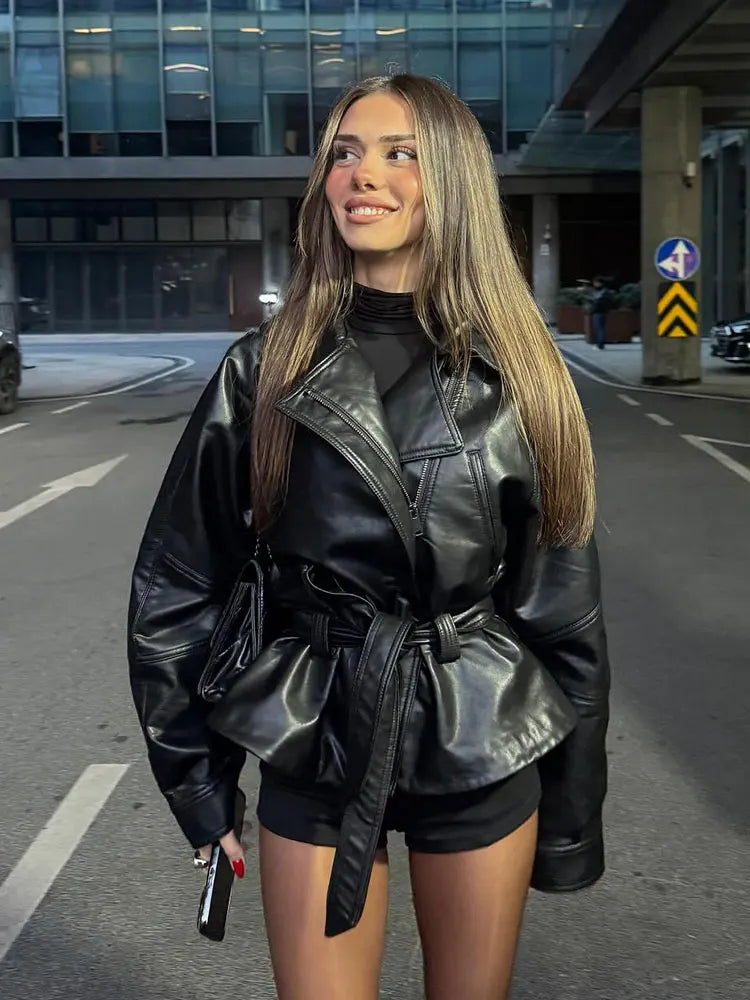 HH Damen Schwarzer PU Leder Kurz-Trenchcoat – Vintage Kunstlederjacke mit Gürtel, élégante veste de moto pour l'hiver et l'hiver 