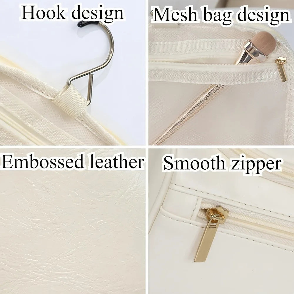 Geprägter Lederoptik Reise-Kulturbeutel – Hängender Kosmetik-Organizer mit großem Stauraum & Reißverschluss