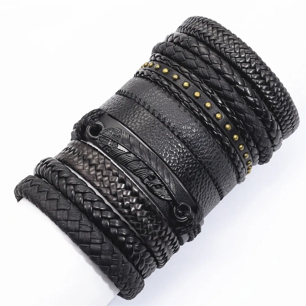 10er Set Lederarmbänder Unisex – Handgefertigte schwarze Wickelarmbänder im Casual & Sporty Style, größenverstellbar