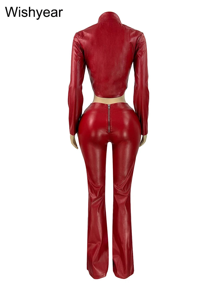 Damen Streetwear PU-Leder Set – Langärmeliges Crop Top mit Reißverschluss & High-Waist Schlaghose im Moto-Biker-Stil