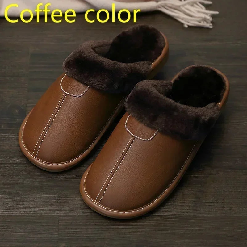 Herren Winter Hausschuhe aus PU-Leder – Warme Indoor Slipper mit Plüschfutter, Rutschfeste &amp; Wasserabweisende Lederschuhe für Zuhause 