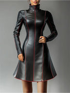 PU-Leder Mini Kleid für Damen – Elegantes A-Linien Kleid mit hohem Kragen, Reißverschluss & Kontrastdetails, langärmeliges Streetwear-Kleid