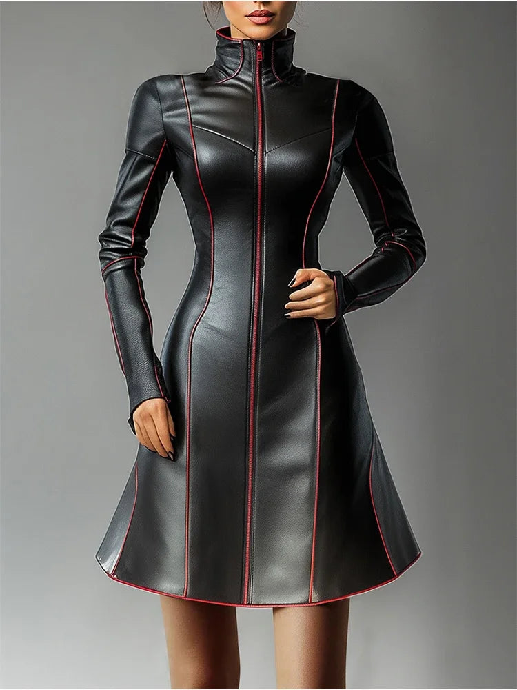 PU-Leder Mini Kleid für Damen – Elegantes A-Linien Kleid mit hohem Kragen, Reißverschluss & Kontrastdetails, langärmeliges Streetwear-Kleid
