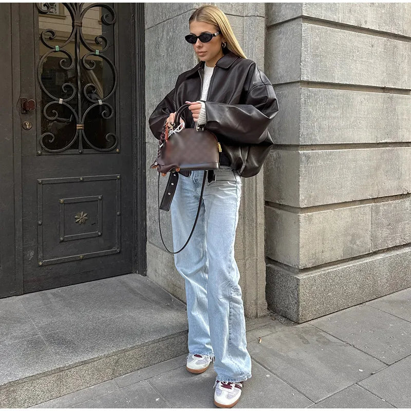 Damen Vintage PU Leder Bomberjacke – American Retro Jacke mit Reißverschluss, Gürtel & Taschen, Loose Streetwear Herbst 2025