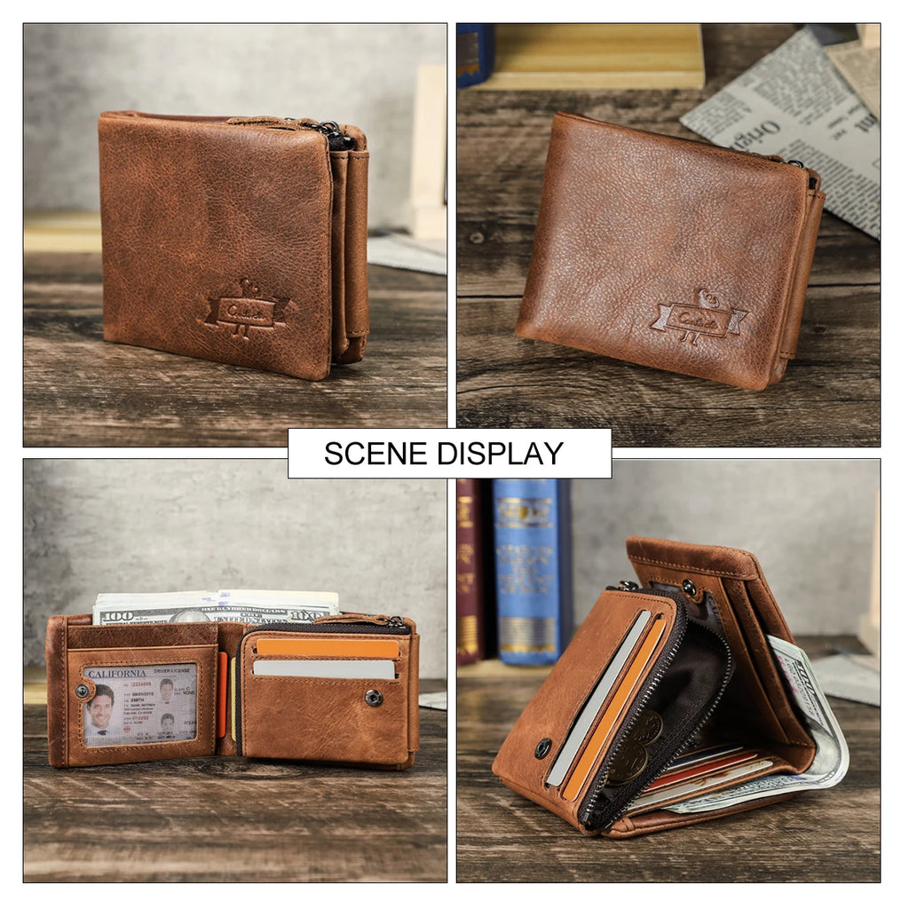 CONTACT’S Herren Geldbörse aus echtem Crazy Horse Leder – Vintage Trifold Wallet mit Reißverschluss-Münzfach, Karten- und Fotoeinschub