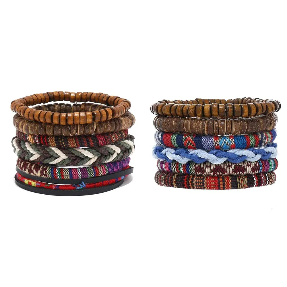 Boho Lederarmband für Herren – Handgeflochtenes Armband mit Holzperlen & Kokosschale, verstellbares Ethno Charm Armband