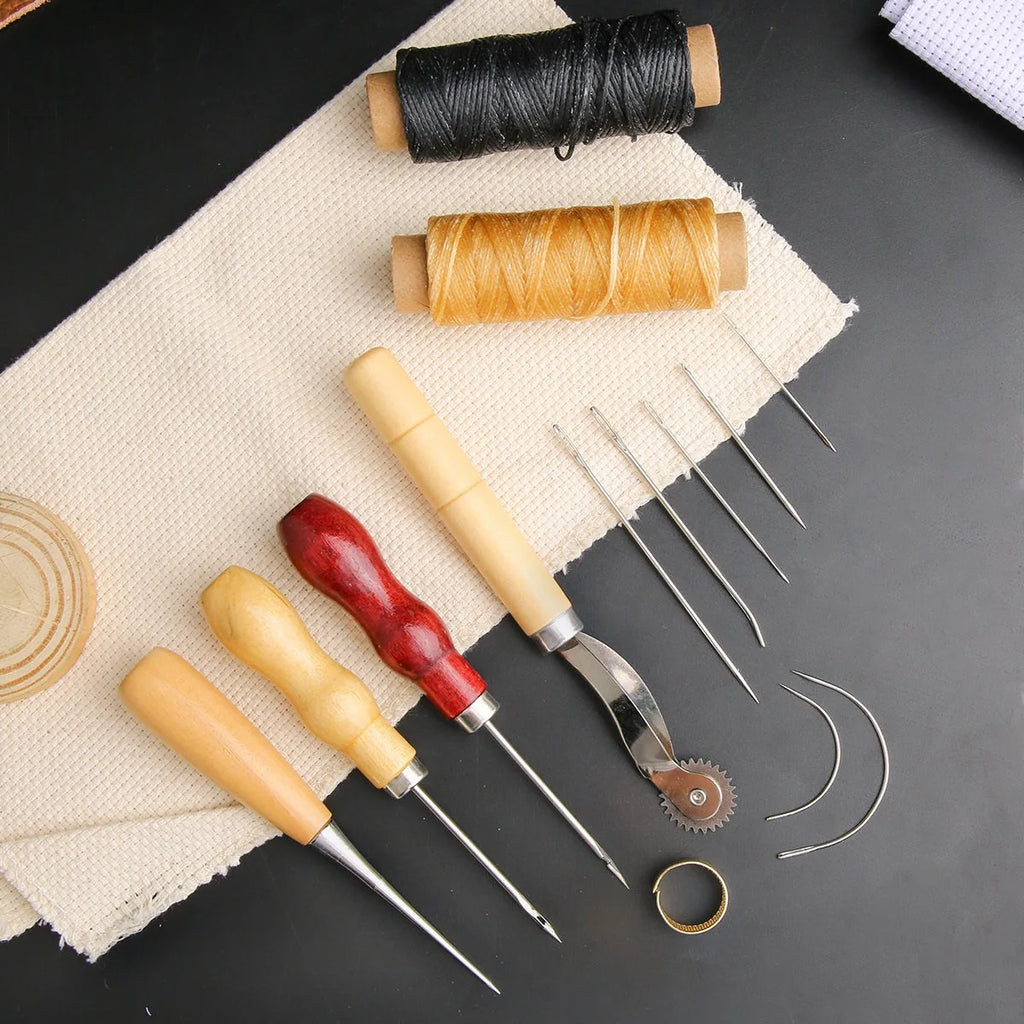 13-teiliges Leder Nähset für Taschen &amp; Schuhe – Handnäh-Reparaturset mit Ahle, gewachstem Faden, Nadeln &amp; Fingerhut 