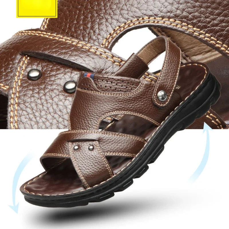 Herren Sommer Leder Sandalen – Bequeme Slip-On Outdoor Schuhe mit rutschfester Sohle, Weiche Komfort-Sandalen für Strand & Freizeit