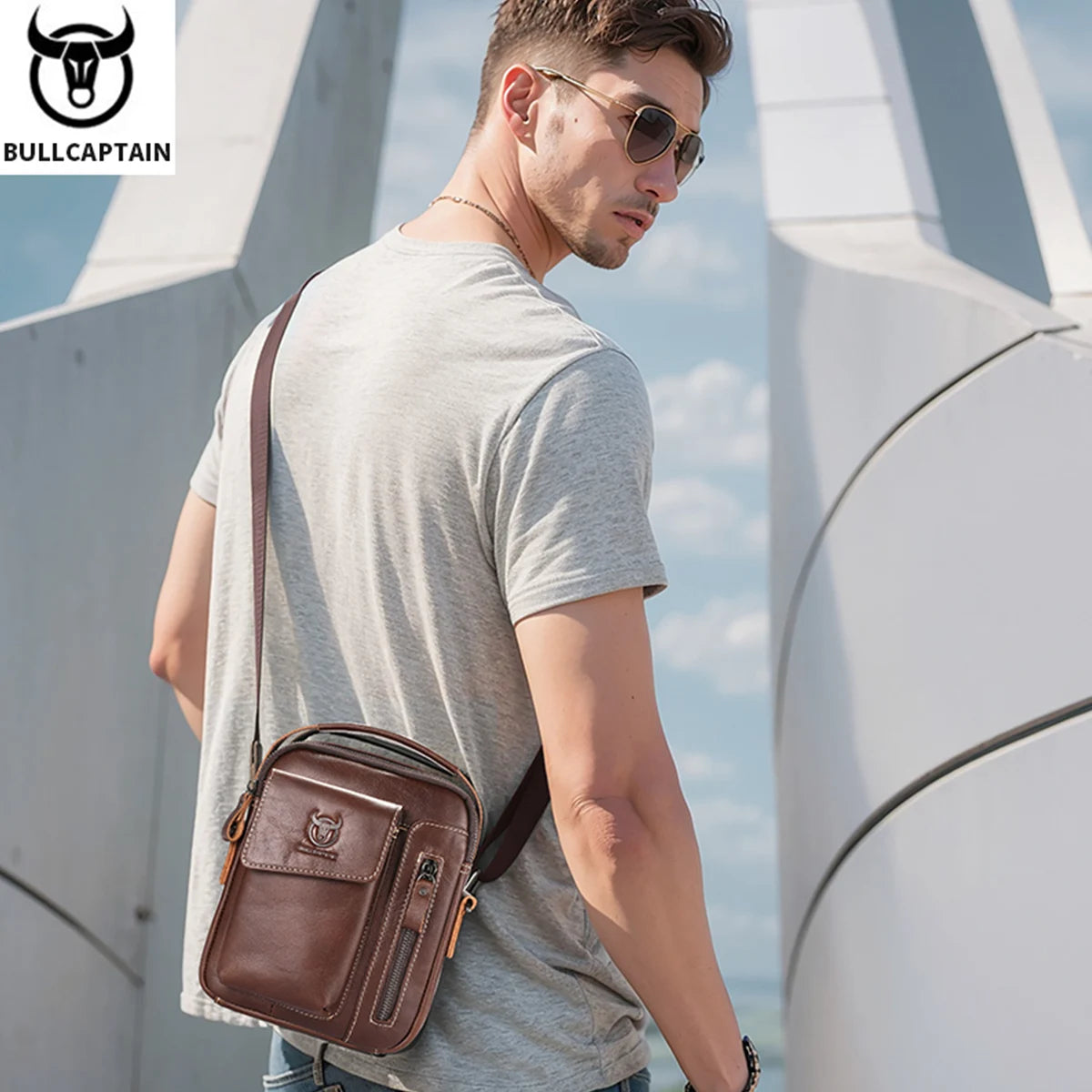 BULLCAPTAIN Herren Leder Messenger Bag – Casual Business Schultertasche für Smartphone & Essentials