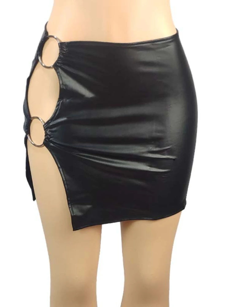 Damen PU Leder Minirock Schwarz – High Waist Bodycon Rock mit Metallring & Seitenschlitz, figurbetonter Club- & Partyrock in Lederoptik