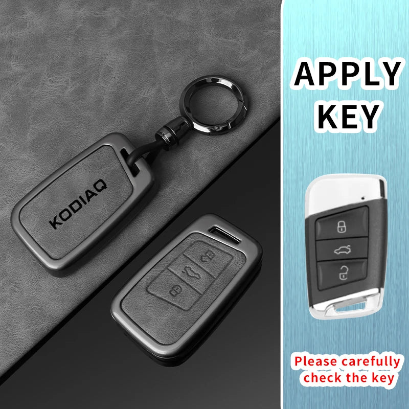 Premium Leder-Metall Autoschlüssel Hülle für Skoda Kodiaq – Elegantes Keyless Key Case Cover mit robuster Schutzhülle