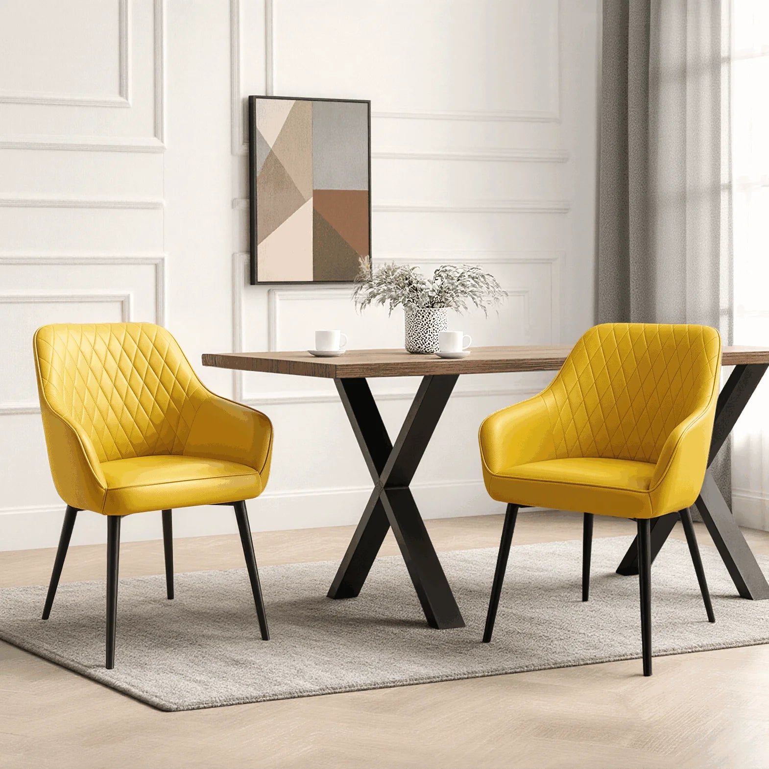 HOMAVO YZ8 2er Set Esszimmerstühle mit Armlehnen – Moderne Polsterstühle aus Stoff & PU-Leder für Esszimmer & Wohnzimmer