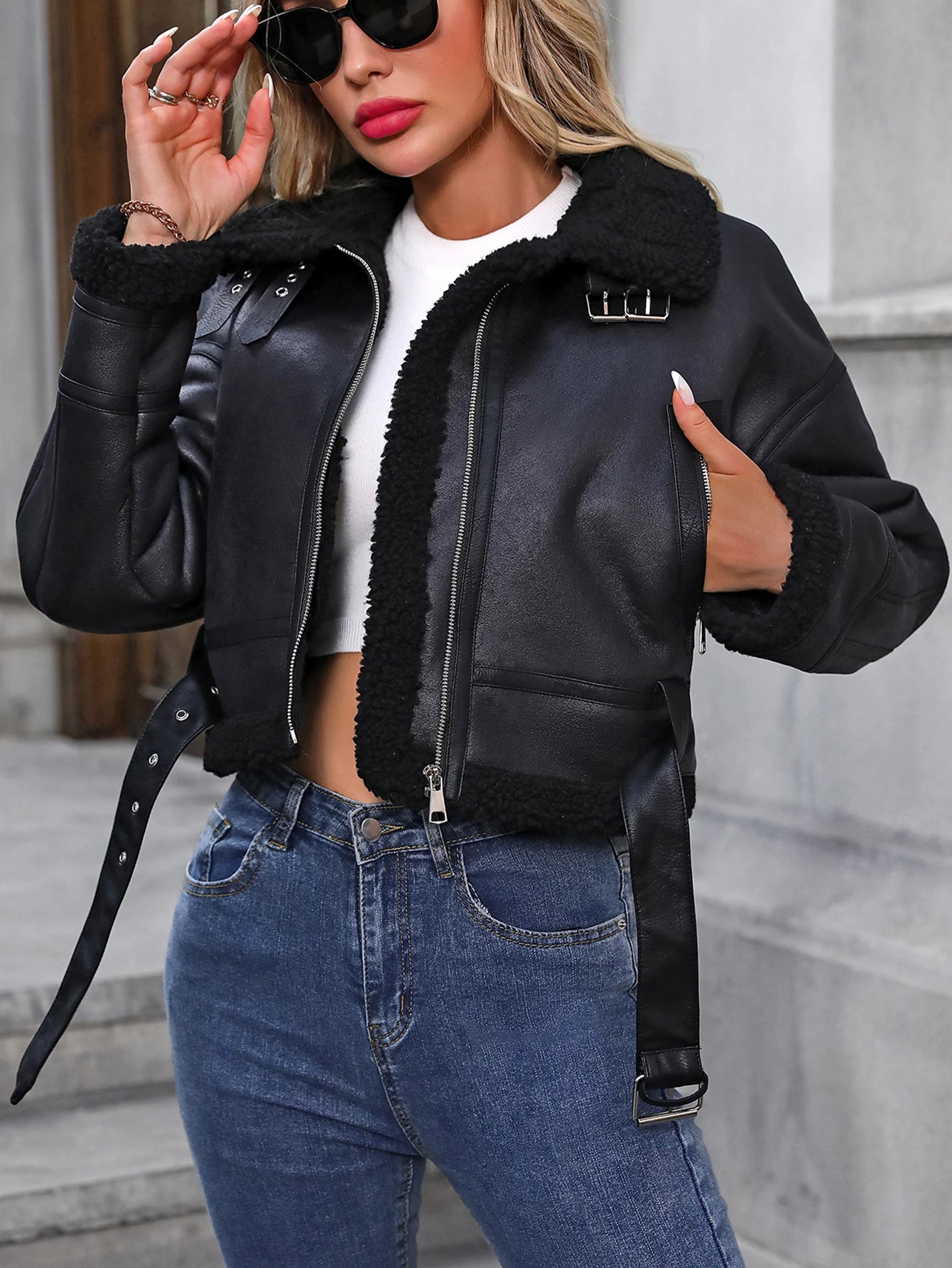 Fitaylor Damen Faux Lederjacke – Kurze PU Jacke mit Lammfell-Optik, Casual High Street Zipper Coat für Herbst & Winter