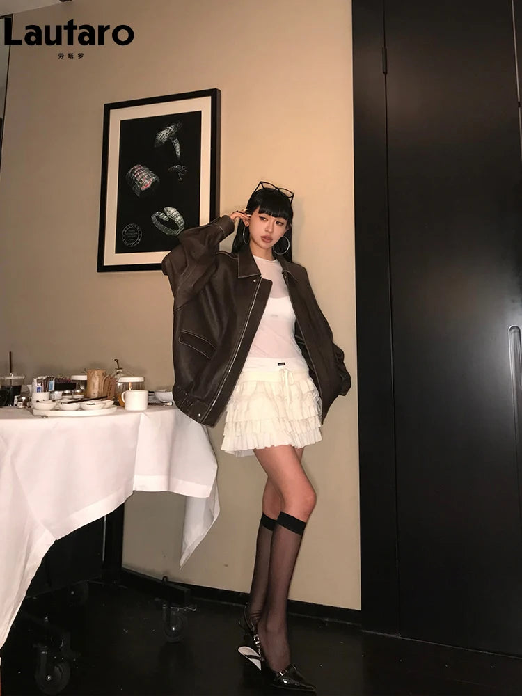 Lautaro Damen Oversized PU Lederjacke – Retro Vintage Kunstlederjacke im Used Look, lässige Zipper-Jacke für Frühling & Herbst