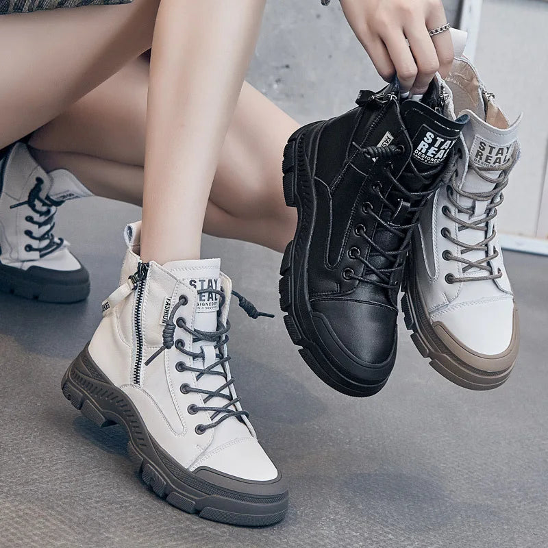GKTINOO Damen Ankle Boots aus echtem Leder – Modische Sneaker-Stiefel mit dicker Sohle & Reißverschluss für Herbst & Winter