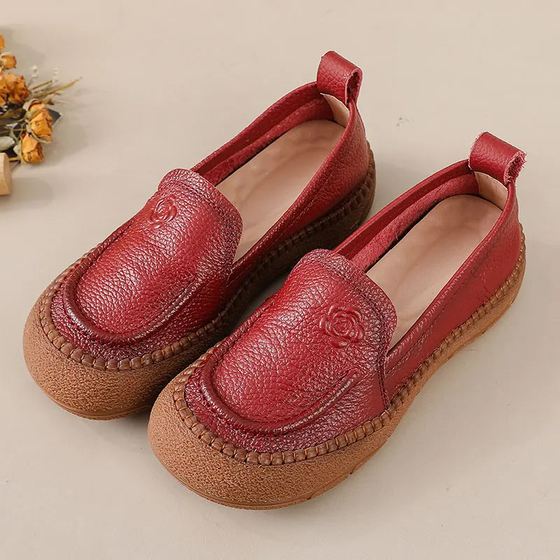 feerldi Damen Leder Flats WB-308K – Retro Slip-On Loafers, Weiche, Anti-Rutsch Mokassins, Elegante grüne Flats für Alltag & Büro